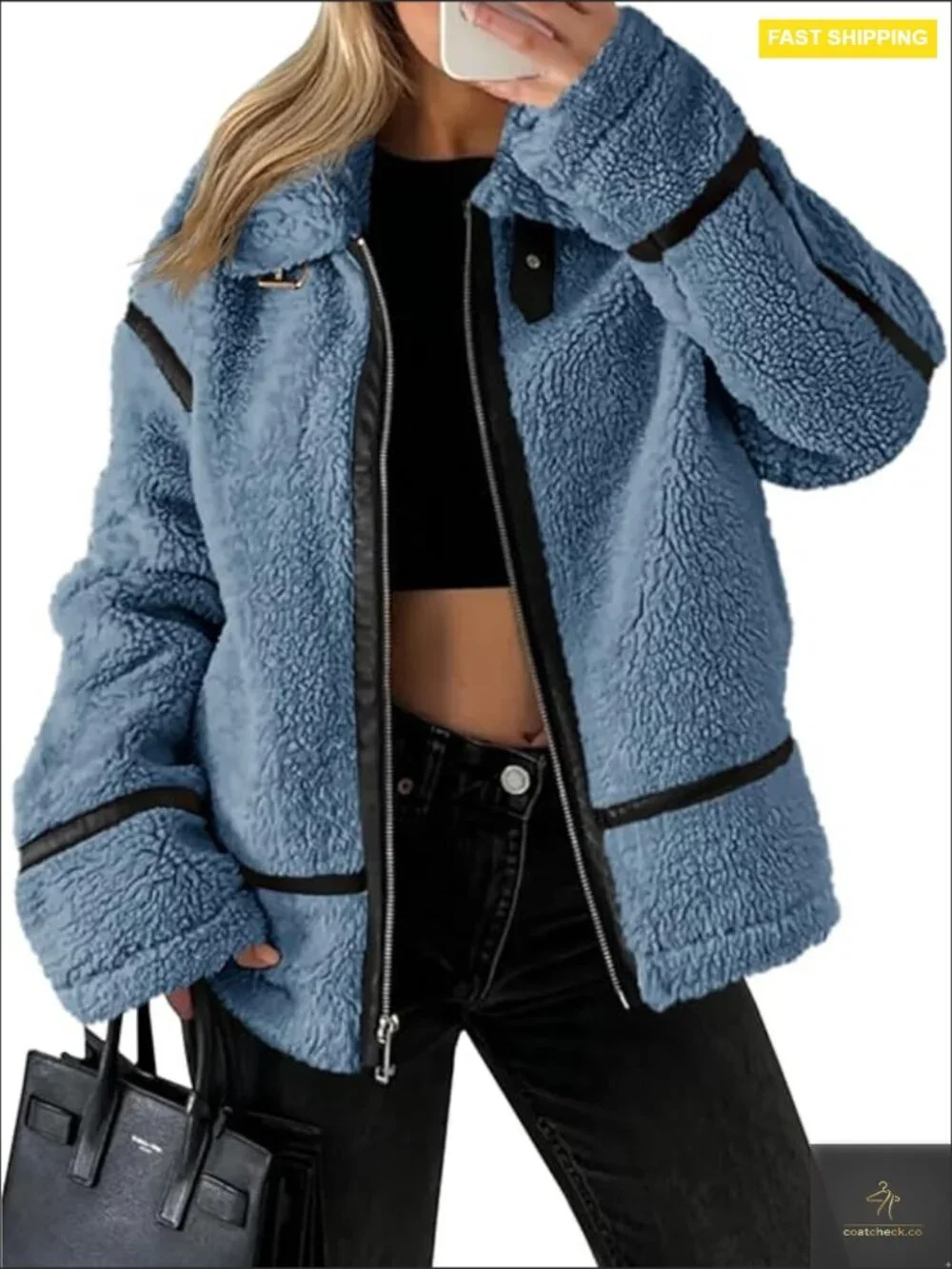 Faux Fur Jacket Sherpa Moto Leather Patchwork Zip Up Coat Trendy Loose Fit